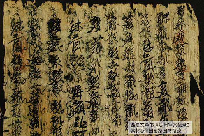 西夏文草書《瓜州審案記錄》，素材@中國國家圖書館